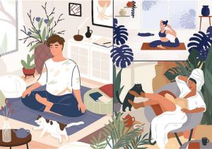 Trefl Puzzle 1000 Peace of Mind Unlimited Fit Technology, jogą, kawą i kotami zatytułowany 2