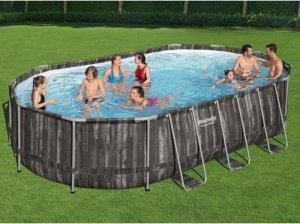 Bestway Bestway Power Steel Frame Pool Set, 610 cm x 366 cm x 122 cm, swimming pool (dark brown/blue, wood decor, with filter pump) 1