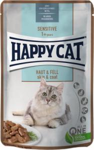 Happy Cat Sensitive Meat in Sauce Skin & Coat, mokra karma, dla kotów dorosłych, dla zdrowej skóry i sierści, kurczak i łosoś, 85 g, saszetka 1