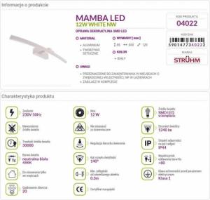 Kinkiet STRUHM Lampa kinkiet nad lustro MAMBA LED 12W biały NW 04022 STRUHM 3