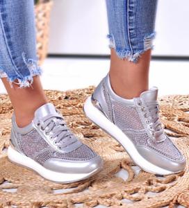 Srebrne sznurowane damskie buty sportowe /C6-1 10908 W396/ 37 1