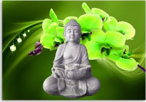 CaroGroup OBRAZ DEKOR Siedzący Buddha Zielony Kwiat 100x70 1