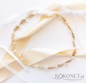 KOKONET Wianek ślubny złoty z perełkami i listkami GOLD 2