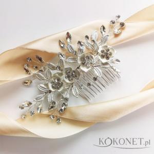 KOKONET Grzebyk ślubny z kwiatami cyrkonie srebrna gałązka 1