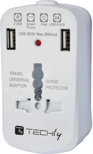 Techly Uniwersalny adapter zasilania Europa USA UK z ładowarką 2xUSB 5V 2A (020201) 1