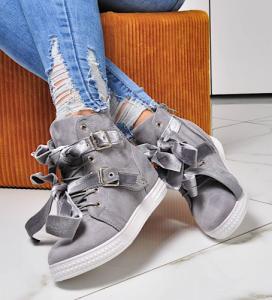 Pantofelek24 Zamszowe trampki sneakersy z kokardami SZARE /F2-2 4205 S271/ 36 1