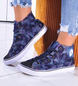 Pantofelek24 Wysokie damskie trampki z jeansu Granatowe /C5-3 6390 S098/ 36 1