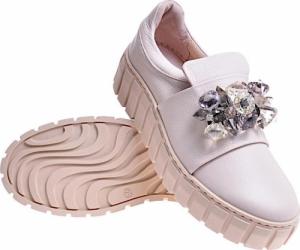 Pantofelek24 Beżowe skórzane damskie trampki creepersy /F8-2 11728 N0200/ 40 9