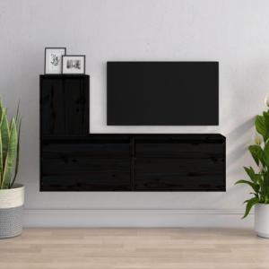 vidaXL vidaXL Szafki pod TV, 3 szt., czarne, lite drewno sosnowe 1