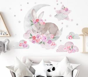 Pastelowe Love Śpiący królik różowy - Naklejka na ścianę 1