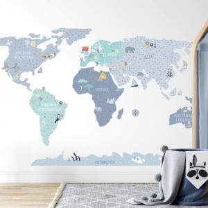 Pastelowe Love Mapa świata niebieska S - Naklejka na ścianę 1