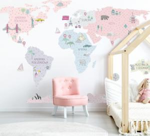 Pastelowe Love Mapa świata różowa S - Naklejka na ścianę 1