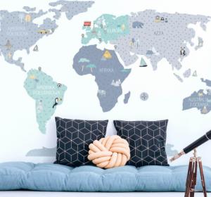 Pastelowe Love Mapa świata niebieska M - Naklejka na ścianę 3