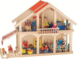 Goki Dwupiętrowy domek dla lalek z werandą i balkonem (51893) 1