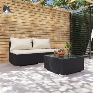 vidaXL 3-cz. zestaw wypoczynkowy do ogrodu, poduszki, czarny rattan PE 1