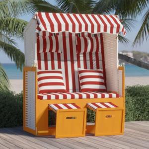 vidaXL vidaXL Kosz plażowy z poduszkami, rattan PE i drewno, czerwono-biały 1