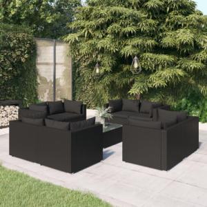 vidaXL 9-cz. zestaw wypoczynkowy do ogrodu, poduszki, czarny rattan PE 1