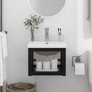 vidaXL Stelaż łazienkowy z wbudowaną umywalką, czarny, żelazo 1