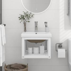 vidaXL Stelaż łazienkowy z wbudowaną umywalką, biały, żelazny 1