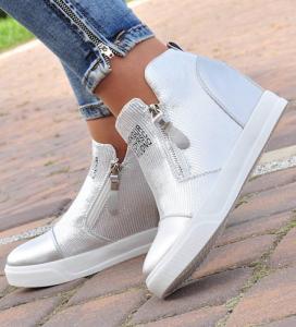Pantofelek24 Damskie trampki na koturnie Silver Mat /B2-2 9630 T396/ 35 1