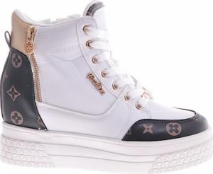 Pantofelek24 Wiązane biało brązowe sneakersy na koturnie i platformie /A1-2 12341 T792/ 40 1