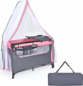 Costway Dwupoziomowe łóżeczko z matą do przewijania dziecka z moskitierą i kółkami oraz torbą do przenoszenia 1