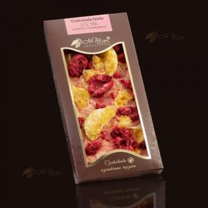 M.Pelczar Chocolatier Czekolada biała 25,9% z czekoladą różową Ruby oraz z malinami i mandarynkami 1