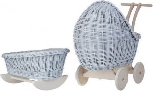 WickerPL Lili Zestaw Wózek i kolebka wiklinowa dla lalek w kolorze błękitnym 55X30 H45 / 46X28 H 20/25 cm 11