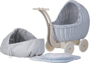 WickerPL Lili Zestaw Wózek i kolebka wiklinowa dla lalek w kolorze błękitnym 55X30 H45 / 46X28 H 20/25 cm 14