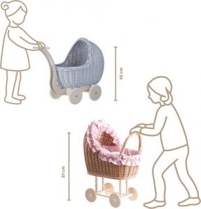 WickerPL Lili Zestaw Wózek i kolebka wiklinowa dla lalek w kolorze błękitnym 55X30 H45 / 46X28 H 20/25 cm 2
