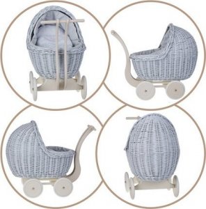WickerPL Lili Zestaw Wózek i kolebka wiklinowa dla lalek w kolorze błękitnym 55X30 H45 / 46X28 H 20/25 cm 4