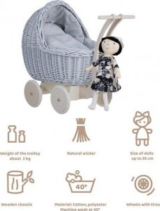 WickerPL Lili Zestaw Wózek i kolebka wiklinowa dla lalek w kolorze błękitnym 55X30 H45 / 46X28 H 20/25 cm 5