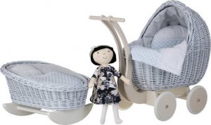 WickerPL Lili Zestaw Wózek i kolebka wiklinowa dla lalek w kolorze błękitnym 55X30 H45 / 46X28 H 20/25 cm 9