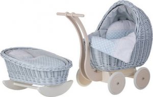 WickerPL Lili Zestaw Wózek i kolebka wiklinowa dla lalek w kolorze błękitnym 55X30 H45 / 46X28 H 20/25 cm 10