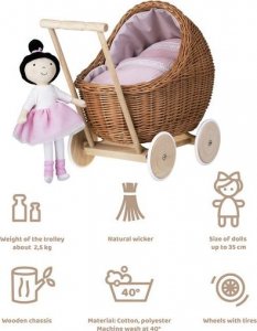 WickerPL LILI WÓZEK WIKLINOWY DLA LALEK Z OBSZYCIEM Pudrowy Róż 48X28 H26/47 CM 14