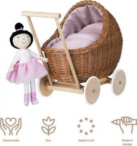 WickerPL LILI WÓZEK WIKLINOWY DLA LALEK Z OBSZYCIEM Pudrowy Róż 48X28 H26/47 CM 16