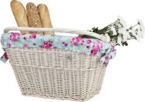 WickerPL Wiklinowy Wybielany Kosz na Rower Kosz Rowerowy z Obszyciem i Paskami Skórzanymi 46x34 H23/28 cm 2