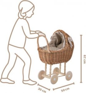 WickerPL lili Zestaw zabawek Wiklinowy Wózek i kolebka dla lalek z beżowym obszyciem 50x30 H62 / 46x28 H20/25 cm 1