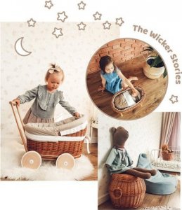 WickerPL LUNA WÓZEK WIKLINOWY DLA LALEK Z OBSZYCIEM miętowym 50X30 H45 CM 12