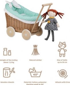 WickerPL LUNA WÓZEK WIKLINOWY DLA LALEK Z OBSZYCIEM miętowym 50X30 H45 CM 15