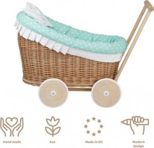 WickerPL LUNA WÓZEK WIKLINOWY DLA LALEK Z OBSZYCIEM miętowym 50X30 H45 CM 17