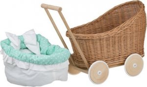 WickerPL LUNA WÓZEK WIKLINOWY DLA LALEK Z OBSZYCIEM miętowym 50X30 H45 CM 18