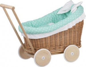 WickerPL LUNA WÓZEK WIKLINOWY DLA LALEK Z OBSZYCIEM miętowym 50X30 H45 CM 2