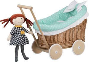 WickerPL LUNA WÓZEK WIKLINOWY DLA LALEK Z OBSZYCIEM miętowym 50X30 H45 CM 9