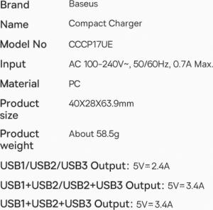 Ładowarka Baseus CCXJ020102 3x USB-A 3.4 A (BSU3406WHT) 3