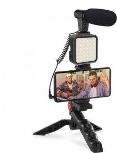 Podstawka Platinet PLATINET VLOG 4 IN 1 SET ZESTAW DO PROWADZENIA VLOGÓW 4 W 1 MICROPHONE LIGHT PHONE HOLDER ON A TRIPOD + 3 5 JACK TO USB C ADAPTER [45596] 1