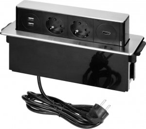 Orno Gniazdo meblowe wysuwane z blatu z płaskim frezowanym rantem, ładowarką USB i przewodem 2m,  2x2P+Z (Schuko), 2 x USB (Typ A), HDMI, 3x1,5mm2, czarno-srebrne, INOX 1