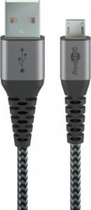Goobay Kabel tekstylny Micro USB na USB-A z metalowymi wtyczkami ( szary / srebrny) 2 m - Długość kabla 2 m 1