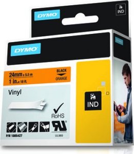 Dymo Tasiemka oryginalna Kolor nadruku: czarny/Kolor tła: pomarańczowe DYMO 1805427 24mm x 5.5 m winylowa, elastyczna/Mocny klej, Odporna na substancje chemiczne, wode i oleje. Wytrzymuje temperatury od -18 do 90 stopni 2