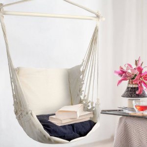 ProGarden Hamak brazylijski fotel podwieszany huśtawka beżowa poducha grafitowa 11